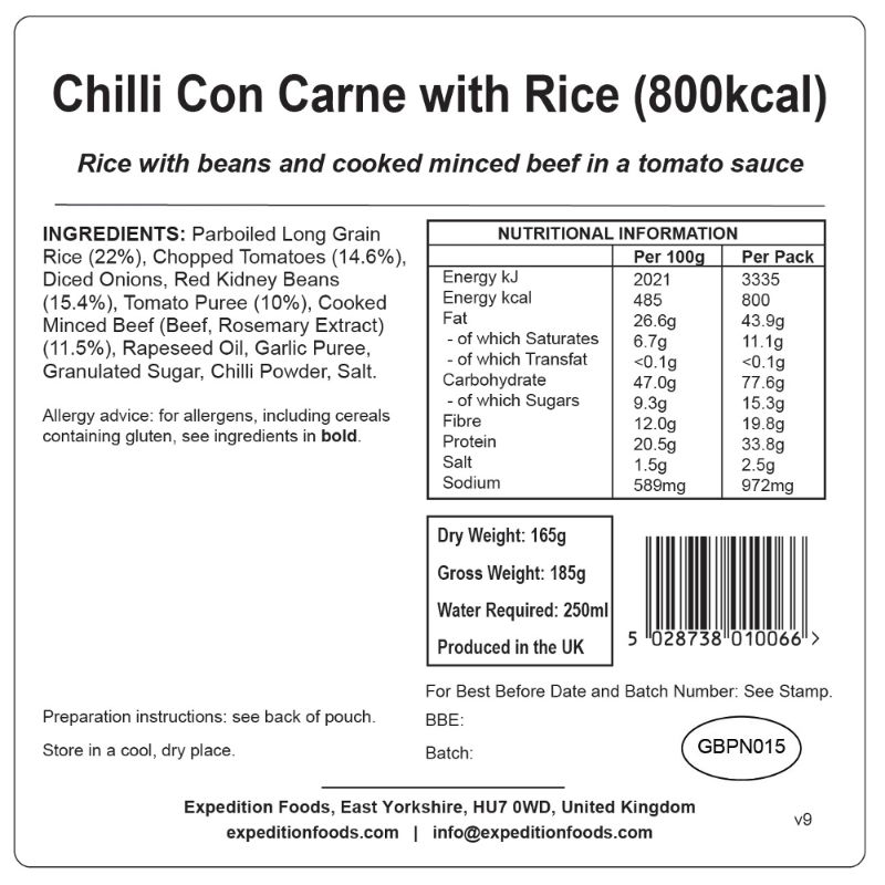 Expedition Foods Chilli con Carne with Rice (Dairy Free, Gluten Free, 800kcal)\\t\\t\\t\\t\\t\\t