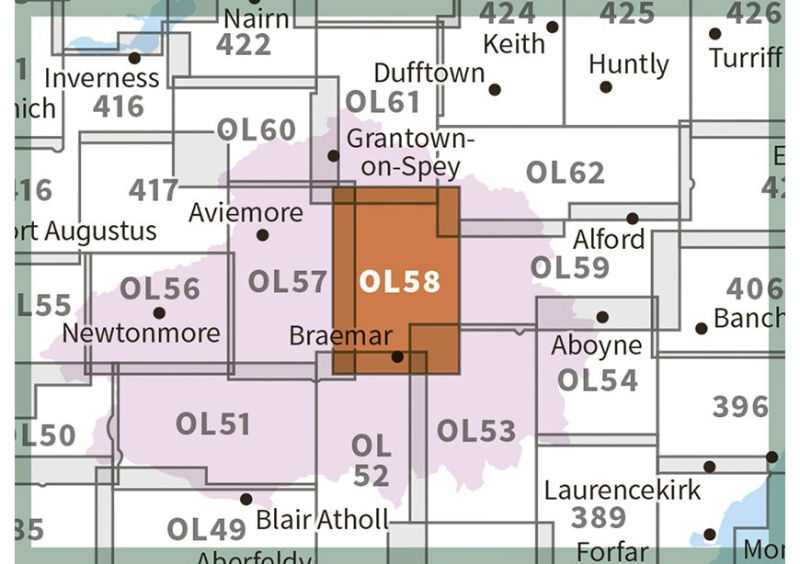 OS OL/Explorer 58 Paper - Braemar, Tomintoul & Glen Avon adjacent