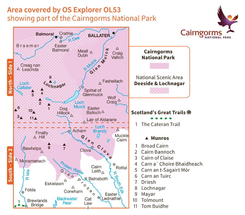 OS OL/Explorer 53 Paper Lochnagar, Glen Muick & Glen Clova coverage