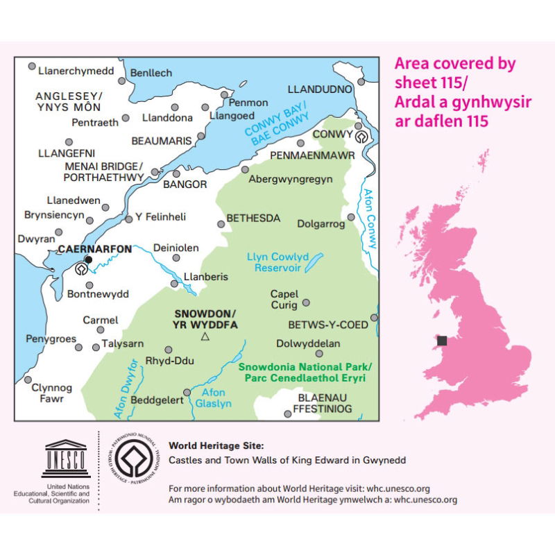 OS Landranger 115 Paper - Snowdon coverage