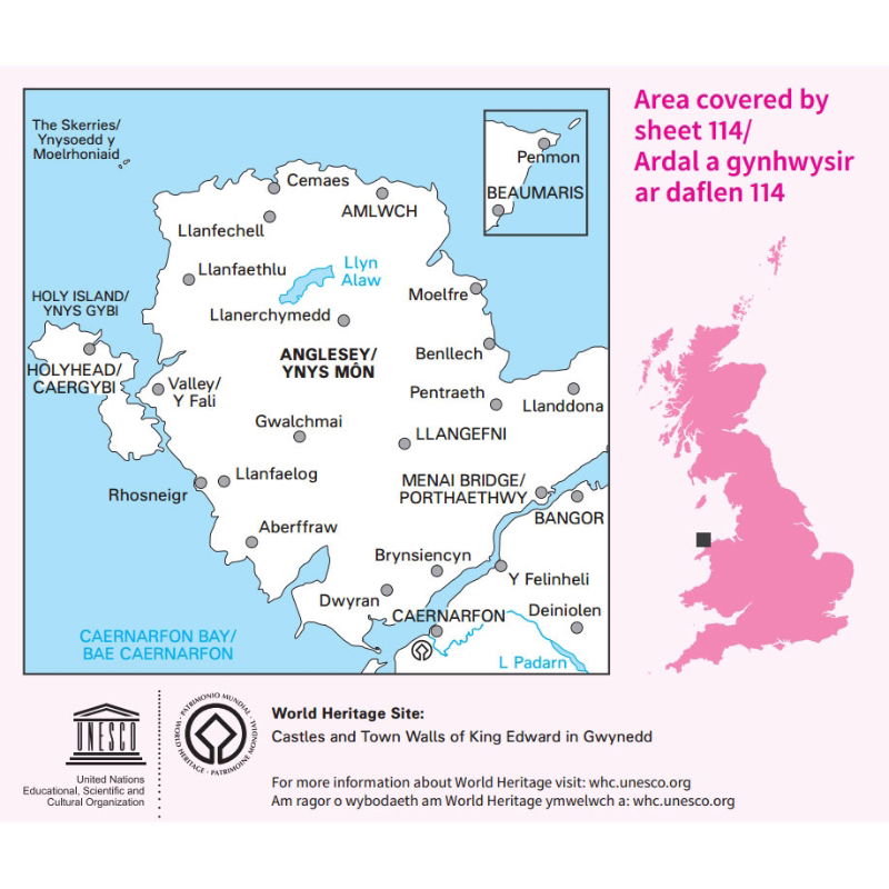 OS Landranger 114 Paper - Anglesey coverage