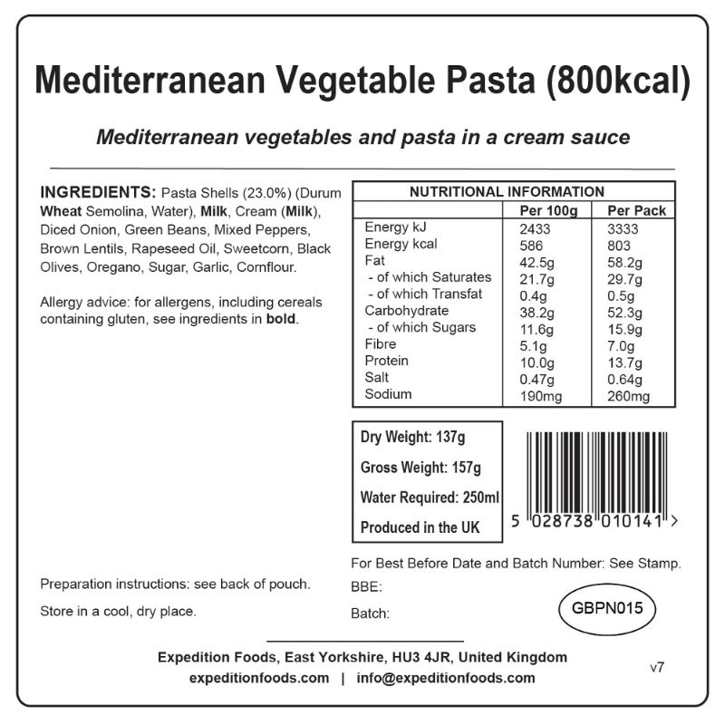 Expedition Foods Mediterranean Vegetable Pasta (Vegetarian, 800kcal)\t\t\t\t\t\t\t\t\t\t\t\t\t