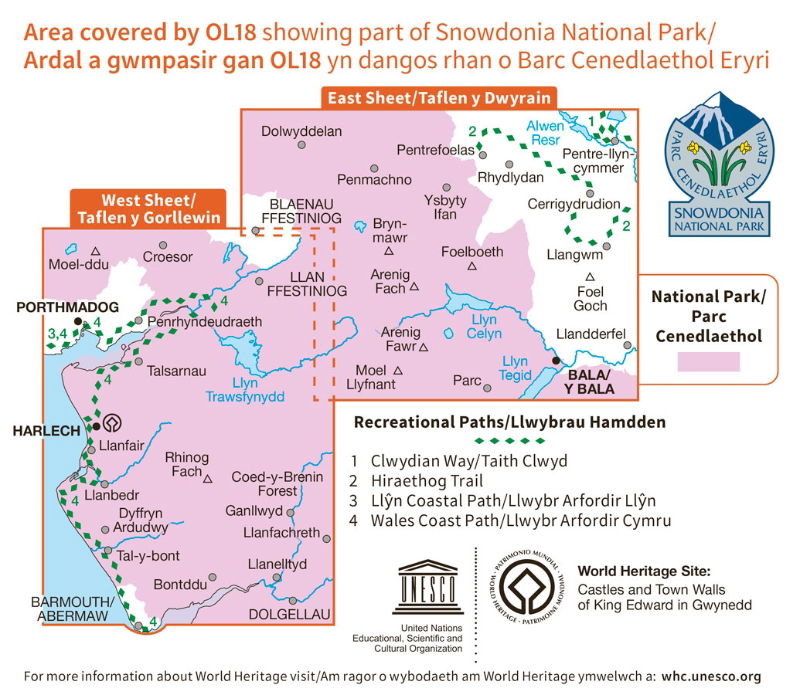 OS OL/Explorer 18 Paper - Harlech Porthmadog & Bala coverage