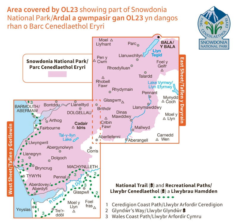 OS OL/Explorer 23 Paper - Cadair Idris & Llyn Tegid coverage