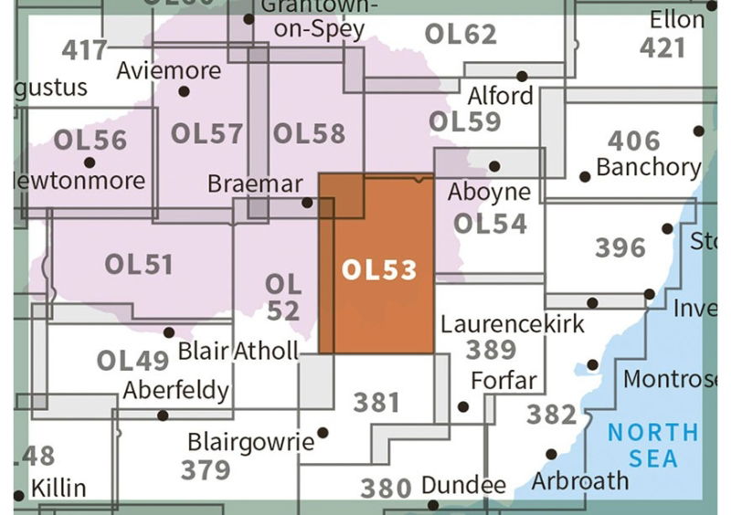 OS OL/Explorer 53 Paper Lochnagar, Glen Muick & Glen Clova adjacent