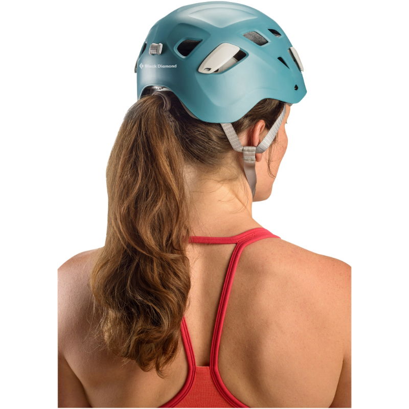 Black Diamond Women's Half Dome Helmet showing how it is designed for pony tails