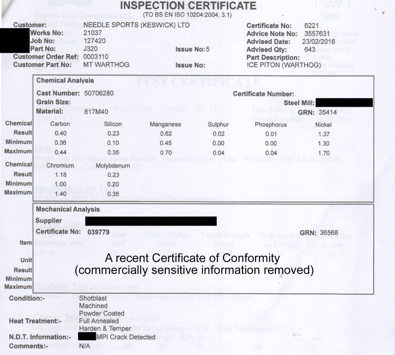 Mountain Technology Warthog Turf Screw Certificate of Conformity 2016