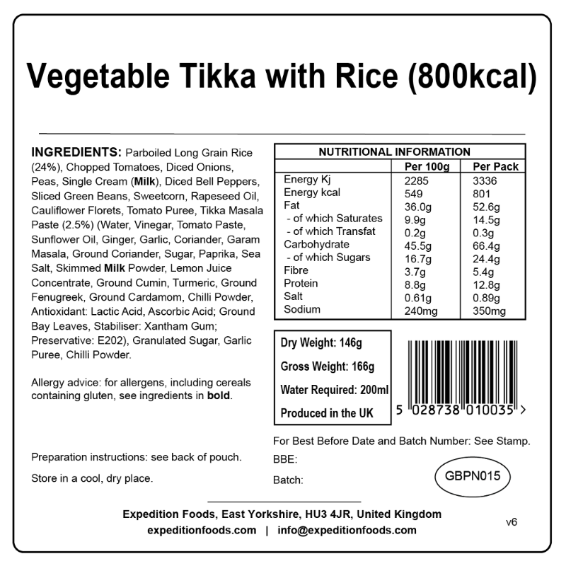 Expedition Foods Vegetable Tikka with Rice (Gluten Free, Vegetarian, 800kcal)\t\t\t\t\t\t\t\t\t\t\t\t\t\t