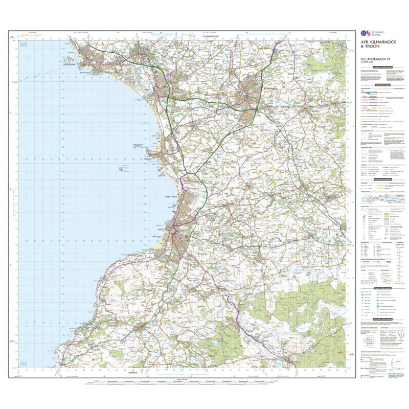 OS Landranger 70 Paper - Ayr, Kilmarnock & Troon sheet