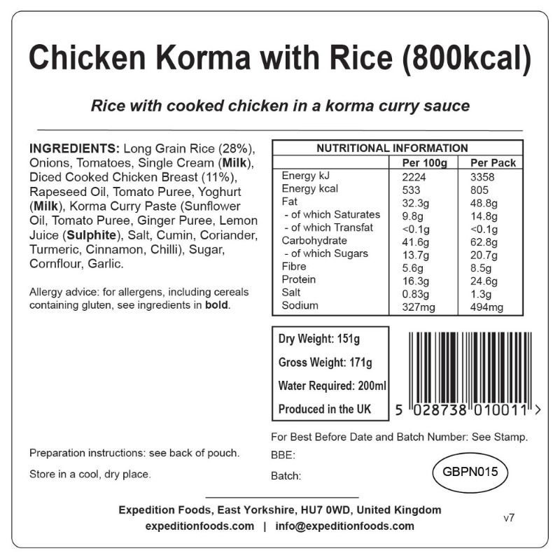 Expedition Foods Chicken Korma with Rice (Gluten Free, 800kcal)\\t\\t\\t\\t\\t