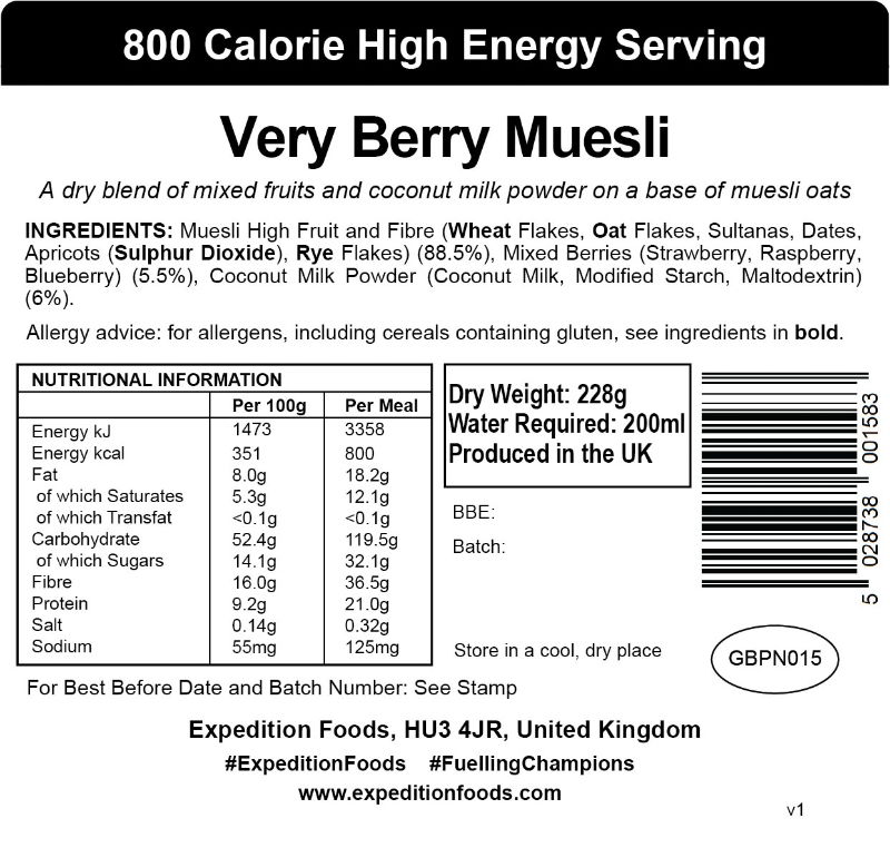 Expedition Foods Very Berry Muesli (Dairy Free, Halal, Vegan, 800kcal) \t\t\t\t\t\t\t\t\t\t\t\t\t\t\t\t\t\t