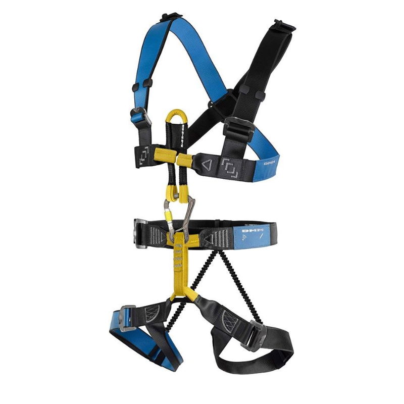 DMM Chest Harness Slidelock Blue/Anthracite teamed up with a DMM Brenin Harness via a DMM Bridge Sling